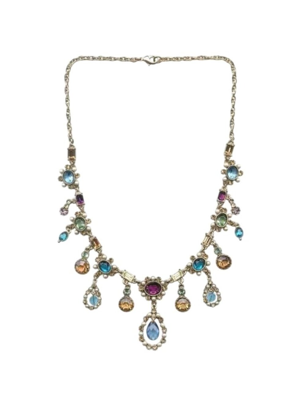 Statement Necklace Multicolor Teardrop Crystals & Pearl Pendants Gold Tone - Picture 2 of 3